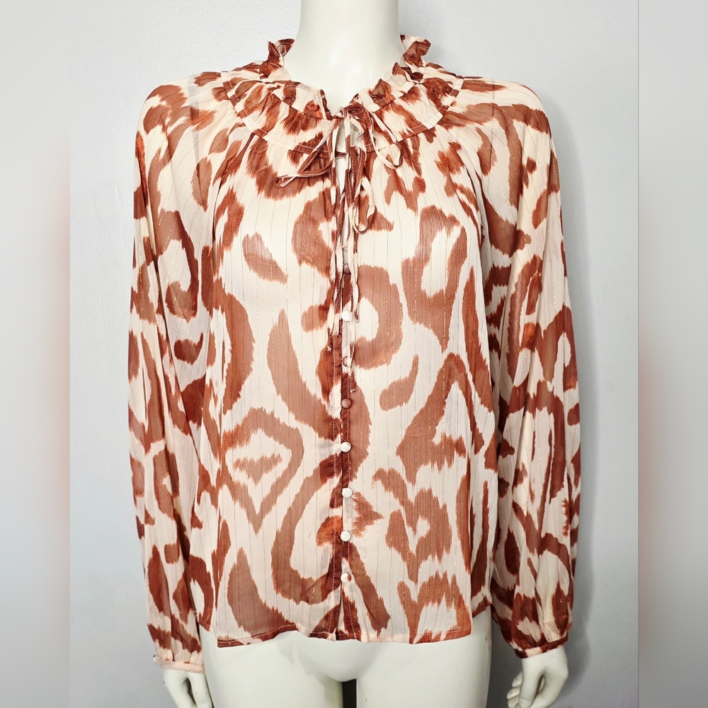 Sheer Women's Ruffle-Neck Button Front Blouse - Cream & Rust